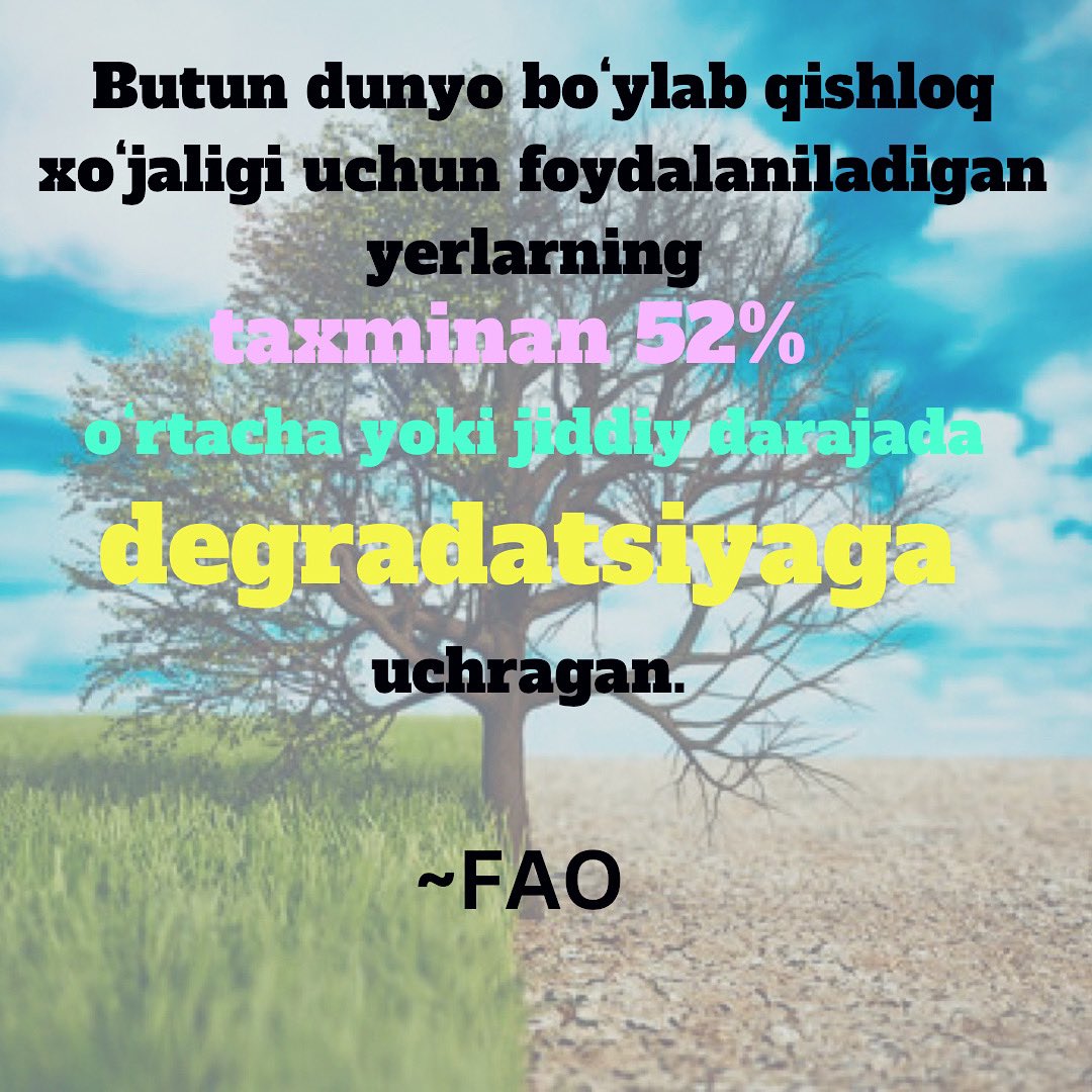 Tuproq degradatsiyasi bu tuproq sifatining fizik, kimyoviy va biologik pasayishidir.

Tuproqni degradatsiyadan qutqatish uchun uning organik tarkibini kamida 3%-6% ga oshirish juda ham dolzarbdir.
#TuproqniAsraylik #Tuproq
#СпасемПочву #Почва
#SaveSoil #SoilForClimateAction #Soil