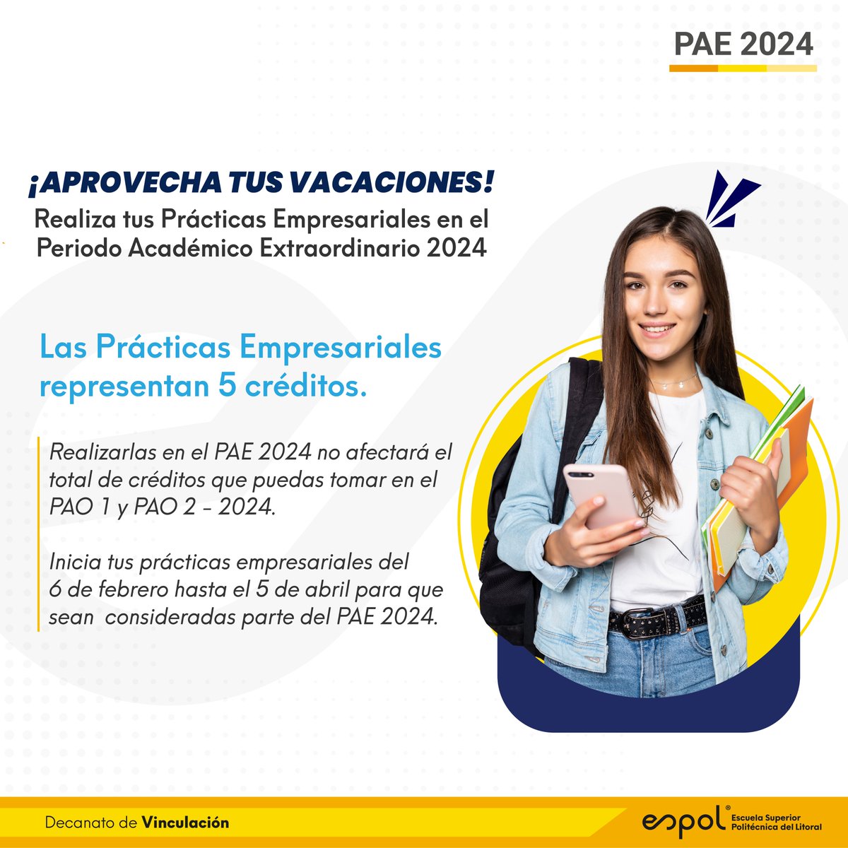 ¡Politécnico,ha llegado el mejor momento para realizar tus Prácticas Empresariales!  Si haces tus prácticas en el PAE 2024 te asegurarás de no afectar el  total de créditos que puedes tomar durante los PAO 1 y PAO 2-2024.  Conoce más de tus prácticas en: bit.ly/33manss