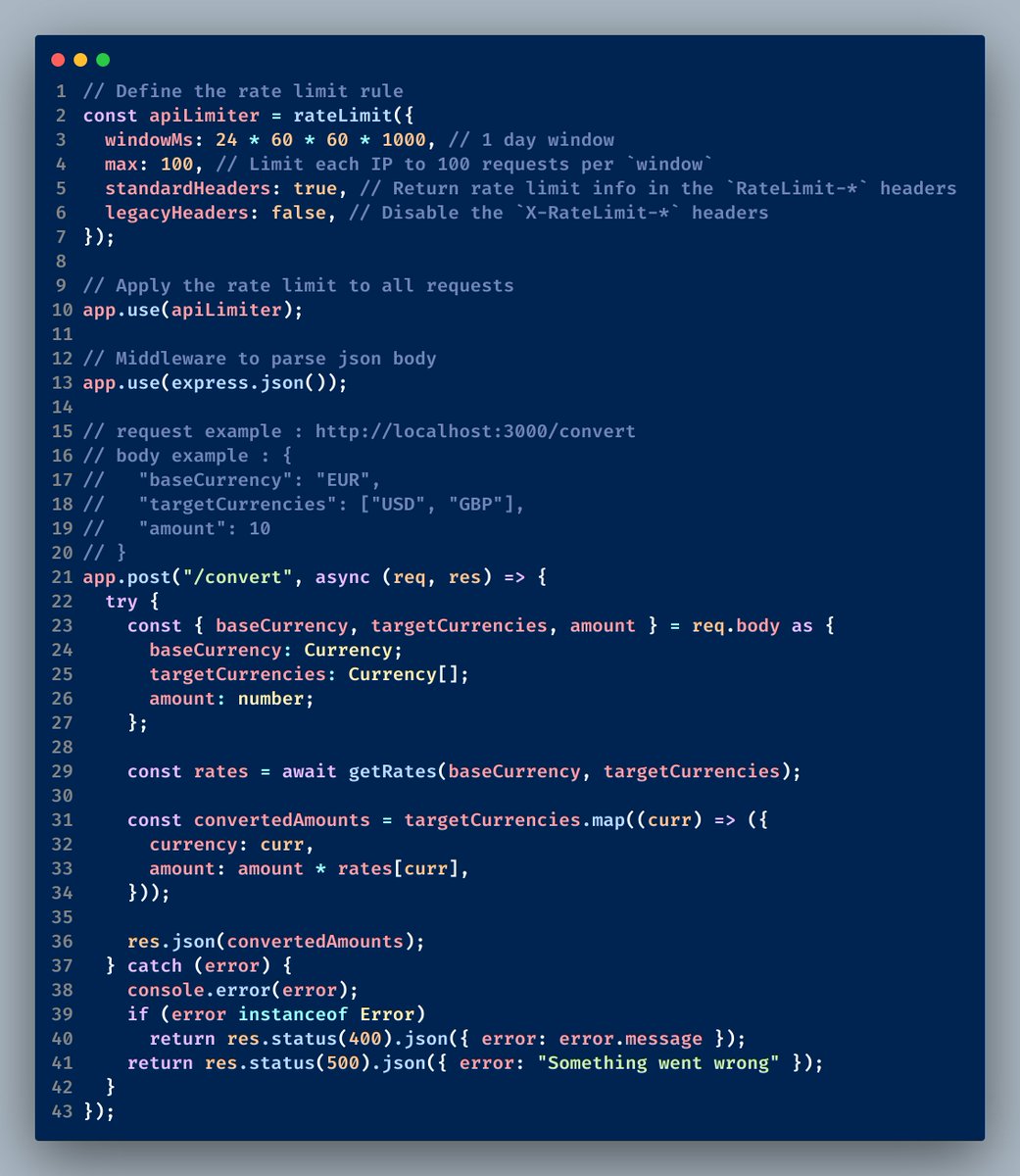 TonyTangdev's tweet image. ✨ Launched the currency conversion API endpoint with Express! Integrated express-rate-limit for efficient and secure request handling. dotenv ensures our environment stays configurable and secure. #APIEndpoint #ExpressRateLimit

🧵[5/7]