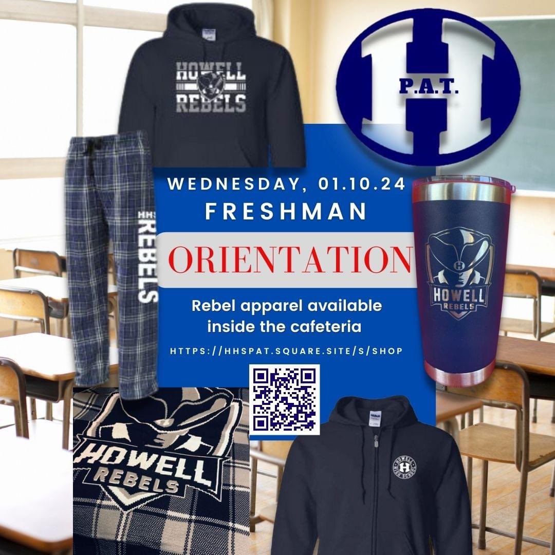 🎉 Calling all rising HHS freshmen! Get your Rebel Threads at tomorrow's Freshman Orientation (1/10) Rebel merch available in the cafeteria during orientation. 🌟👕 👏 #RebelPride #FreshmanOrientation #GetYourRebelThreads #hhspat #frhsd #wearehowell