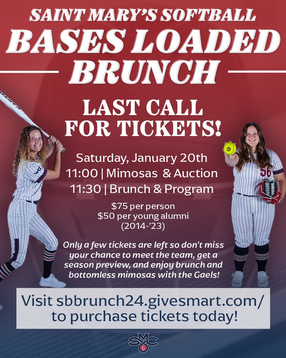 Before it’s too late! 🗣️ This is your 𝙡𝙖𝙨𝙩 𝙘𝙝𝙖𝙣𝙘𝙚 to get tickets to our Bases Loaded Brunch. There are only a handful of tickets left, so click the link below to buy yours today. The deadline to secure tickets is Jan. 11th! 🔗 sbbrunch24.givesmart.com #GaelsRise