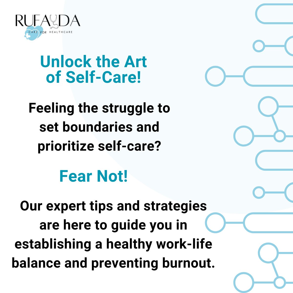 Unlock the Art of Self-Care! Our expert tips and strategies are here to guide you in establishing a healthy work-life balance and preventing burnout. #RUFAYDA #MentalHealth #HealthcareWellBeing #MedTwitter