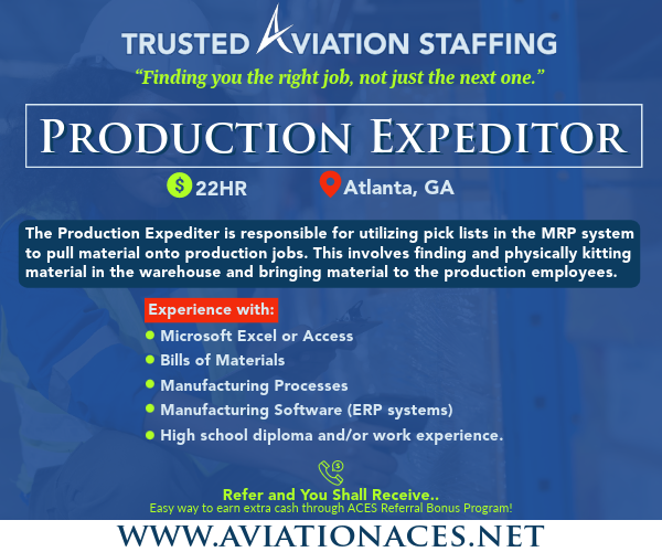 Explore a great career opportunity with ACES! We're actively searching for a seasoned logistics professional with a background in Production Expediting. Call ACES today! CONTACT US👇 aviationaces.net/job-openings Call: 817.402.0405 or Email: recruiting@aviationaces.net #nowhiring