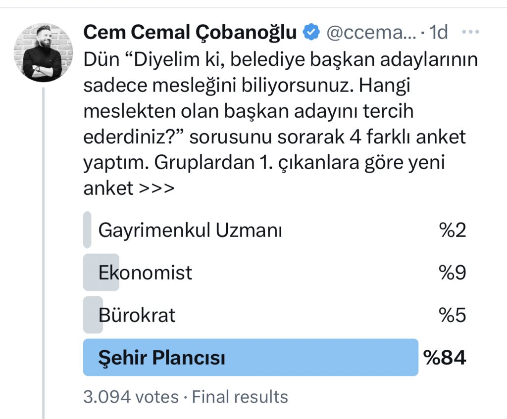 ccemalcobanoglu's tweet photo. “Sadece mesleğini biliyor olsanız, hangi meslekten olan başkan adayını seçersiniz?” anketinde açık ara şehir plancısı çıktı. Hepimizin kentlerimizin düzgün planlanmadığından ciddi şekilde rahatsız olduğu ve pek çok problemin de bu plansızlar kaynaklı olduğunu bildiği aşikar.

Ben de iyi eğitim almış, mesleğinde birikim sahibi, teknik kısımlar dışında bağlama ve tasarıma da önem veren şehir plancı bir başkanın iyi bir ekiple ciddi bir fark yaratabileceğini düşünüyorum. 

İş işten geçti diye düşünenlere de şehir planlamasının sadece bir kent kurulurken yapılmadığını ya da müdahelelerin illa büyük yıkımlar gerektirmediğini de belirtmek isterim. 

*Tabii ki tek kriter meslek olamaz. Anketin asıl çıkarımı bence artık hepimizin planlamaya verdiği önem ve bu yöndeki beklentimiz.