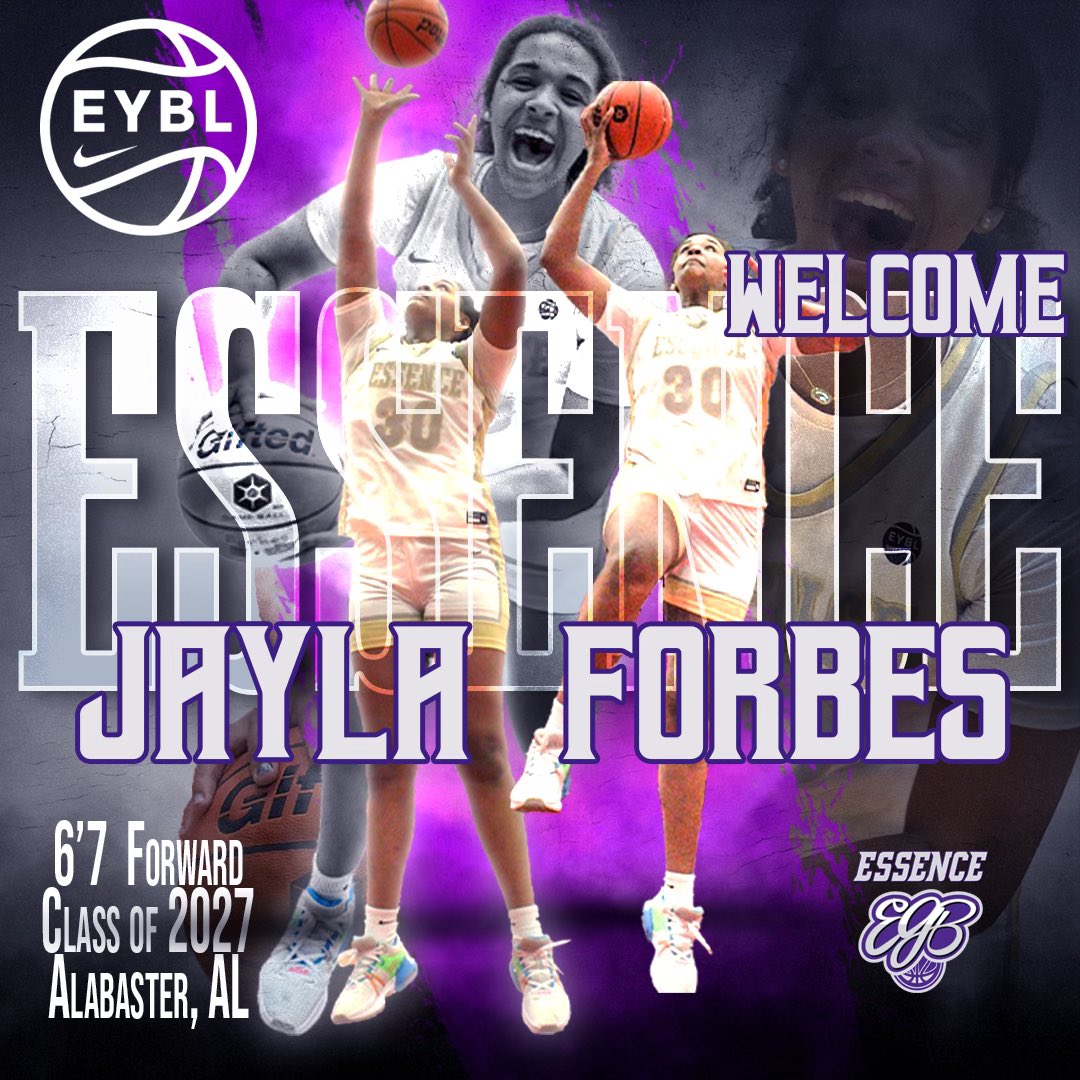 Essence Fam Let’s take a moment to Welcome Jayla Forbes • 6’7 • 2027 • Forward • Alabama. The season is looking 👀 💜🖤💜🖤💜🖤 BRIGHT @_AlexisBurke