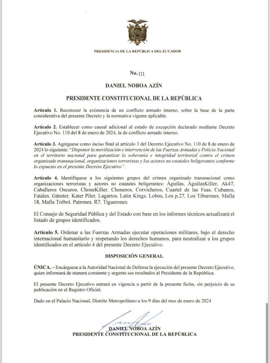 #AHORA | El presidente,<a href="/DanielNoboaOk/">Daniel Noboa Azin</a> emitió un Decreto Ejecutivo que declara la existencia de un "conflicto armado interno" en el país. Ordena a las Fuerzas Armadas ejectuar operaciones militares. 🪖