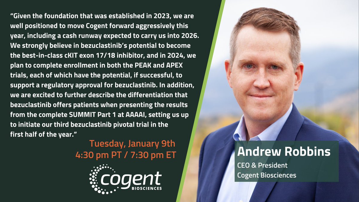 Today we announced our milestones for 2024. Join us at 4:30pm PT/7:30pm ET for our #JPM24 presentation and hear our CEO, Andrew Robbins, discuss these milestones and our 2023 achievements. Read more bit.ly/48Djh10 and listen here investors.cogentbio.com/events