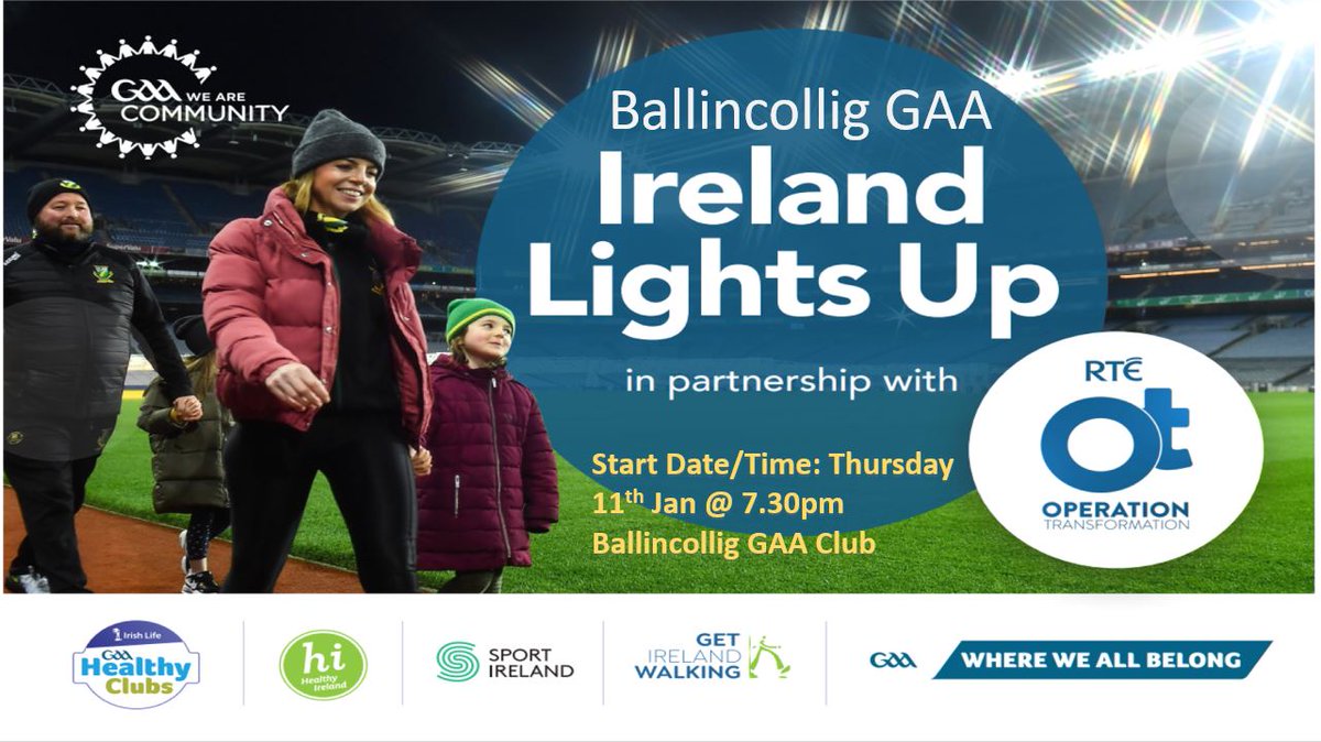 <a href="/BallincolligGAA/">CLG Bhaile an Chollaigh</a> is hosting Ireland Lights Up over the next 6 weeks starting this Thursday so come on down and beat the January blues!! <a href="/BcolligLGFA/">Ballincollig LGFA</a> <a href="/ColligCamogie/">Ballincollig Camogie</a> <a href="/ActiveFlag/">Active School Flag</a> <a href="/CorkSports/">Cork Sports Partnership</a> <a href="/OpTranRTE/">OT RTÉ</a> <a href="/sciathnascol/">Sciath na Scol</a>