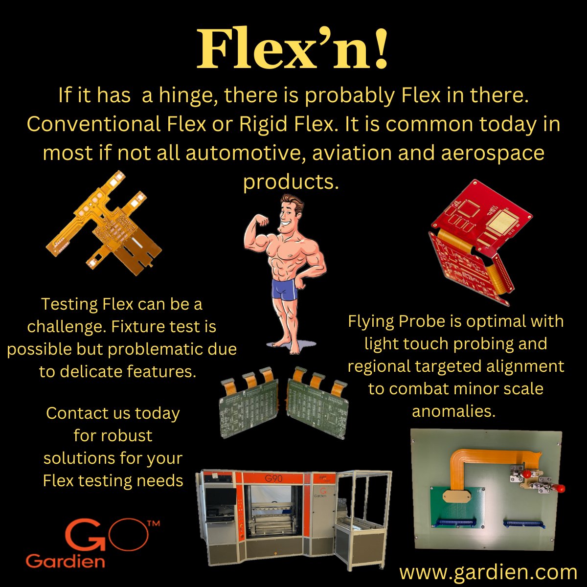 GardienUSA's tweet image. Testing Flex requires finesse. Incorrect test can be dangerous to delicate pads. Dedicated fixtures or Flying Probe are the solution. Regional alignment and/or robust fixtures are the solutions. Gardien gets it! na.gardien.com/pcb_services/f… #gardien   #flextesting #flyingprobe