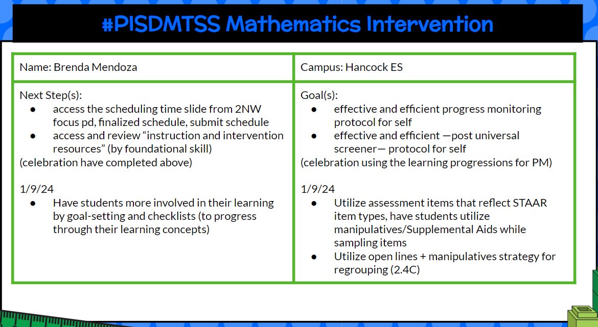 Great things are happening in the world of #PISDMTSS! Today’s PD takeaways: learning new strategies and adding them to my toolkit &amp; setting goals and action steps to continue improving for our mathematicians! #THEBison 🦬
