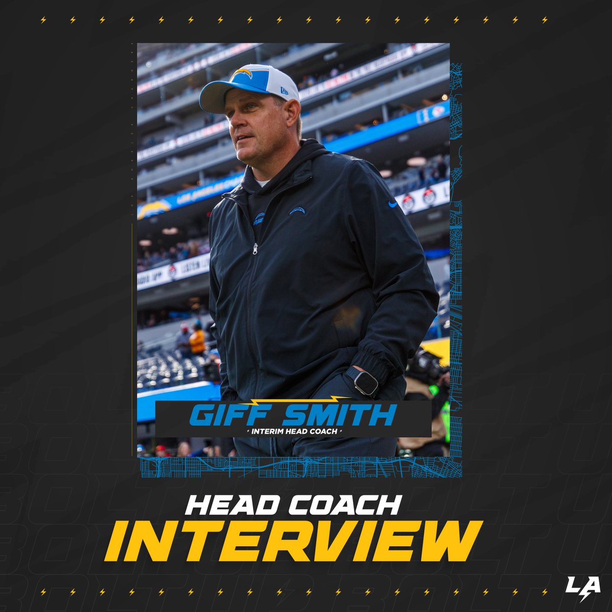 chargers's tweet photo. we've completed an interview with Giff Smith for head coach

→ https://t.co/h41XID0RJ9 https://t.co/L9Ih5mefv5