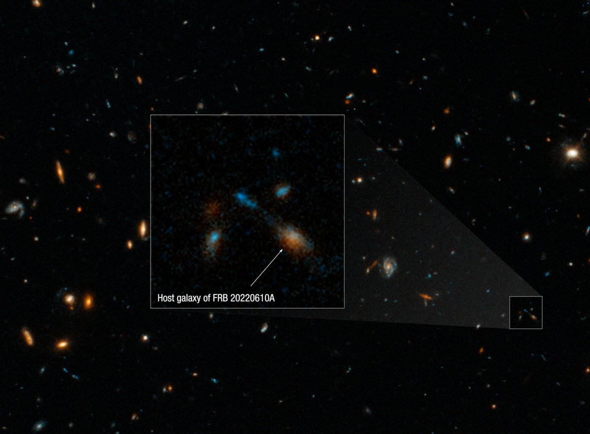 Hubble looked halfway back to the big bang to find the brightest and farthest fast radio burst to date, located within a group of galaxies that may be merging. Called FRBs, these powerful bursts of energy can briefly outshine an entire galaxy: go.nasa.gov/47wxn34 #AAS243