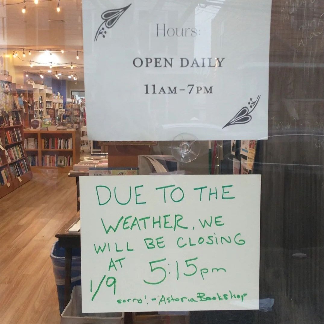 Today Tues 1/9, we are closing early at 5:15 pm so our booksellers can get home safely in the gusty winds. We apologize for any inconvenience!