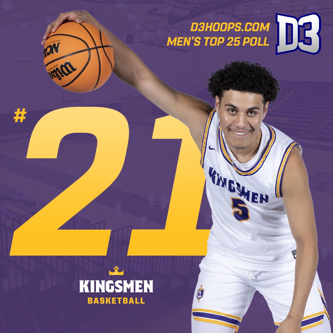 Kingsmen basketball is ranked! For the first time since 2009-10, the Kingsmen are ranked in the D3hoops.com Top 25 poll! They make their debut at No. 21! #OwnTheThrone