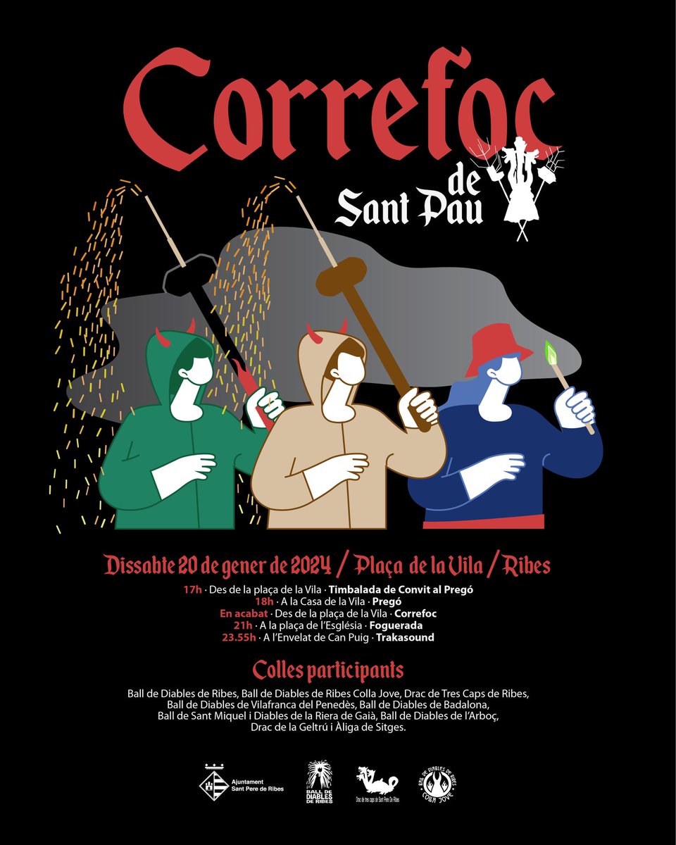Des del 1996, el Correfoc de Sant Pau és la diada gran de l’Infern ribetà. La festa no seria completa sense tota la gent que sortiu a veure’l i sense unes colles convidades que sempre vénen a donar-ho tot. El dissabte 20 de gener, tothom cap a Ribes. 💪🔥
#BallDeDiables 
#SPRibes