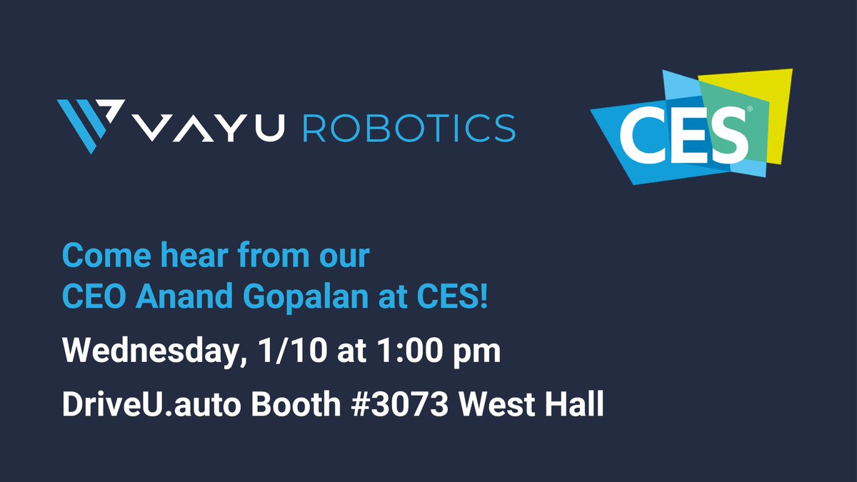 At #ces2024 this week? Come see the Vayu team! On Wednesday, 1/10 at 1:00 pm, our CEO Anand Gopalan will present at the DriveU.auto booth, providing an overview of Vayu's AI-based robotics solutions. See you there!

#robotics #ai #vayurobotics