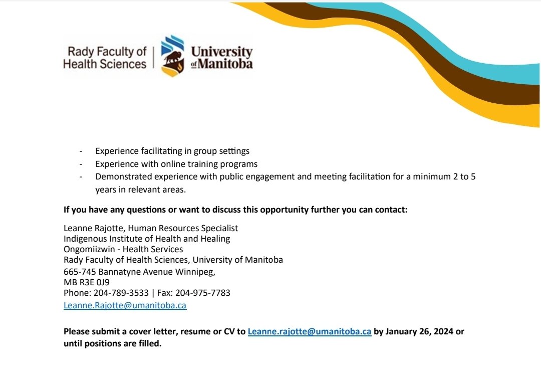 Ongomiizwin is hiring coach- facilitators to support our new cultural safety and anti-racism training. We are looking for Indigenous Health professionals in MB who are interested in this as a part time role. See the pics for more details!