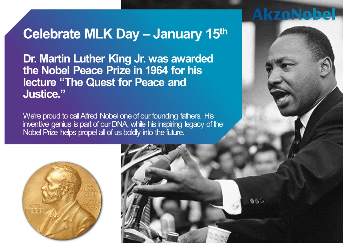 AkzoNobelUS's tweet photo. We're celebrating Martin Luther King, Jr. who was awarded the Nobel Peace Prize in 1964 for his non-violent struggle for civil rights and linking our heritages through one of our founders, Alfred Nobel. #AkzoNobel #DiversityAndInclusion https://t.co/V5uBHBUzHp
