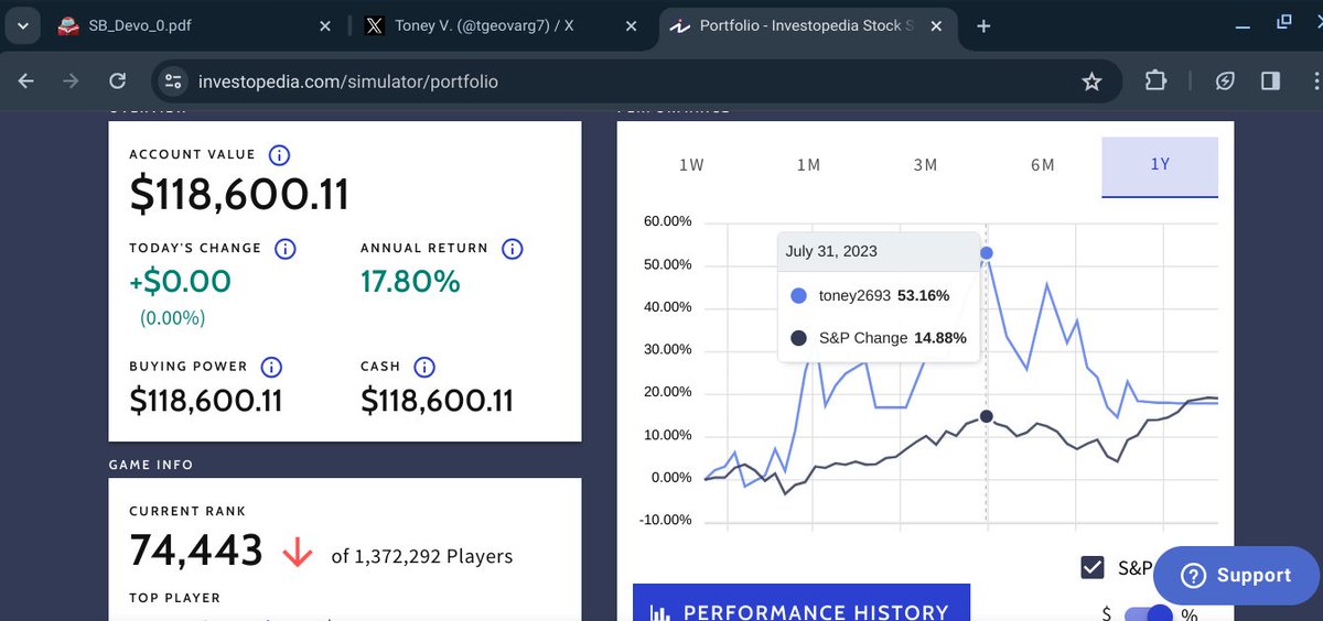 It's Me Vs The S&P! #2023InvestopediaSimulatorPortfolio
.
.
.
i Did 3x Better! #FollowMyLogic #investopediaSimulator #StockLockNSmoking #ExpertCryptoInvestor #StockGenius #IamLegend #investopedia #X #legitimacyWins #ThankGOD #USD #stockMarket #goldenRocket #SnP #index #profitGoal