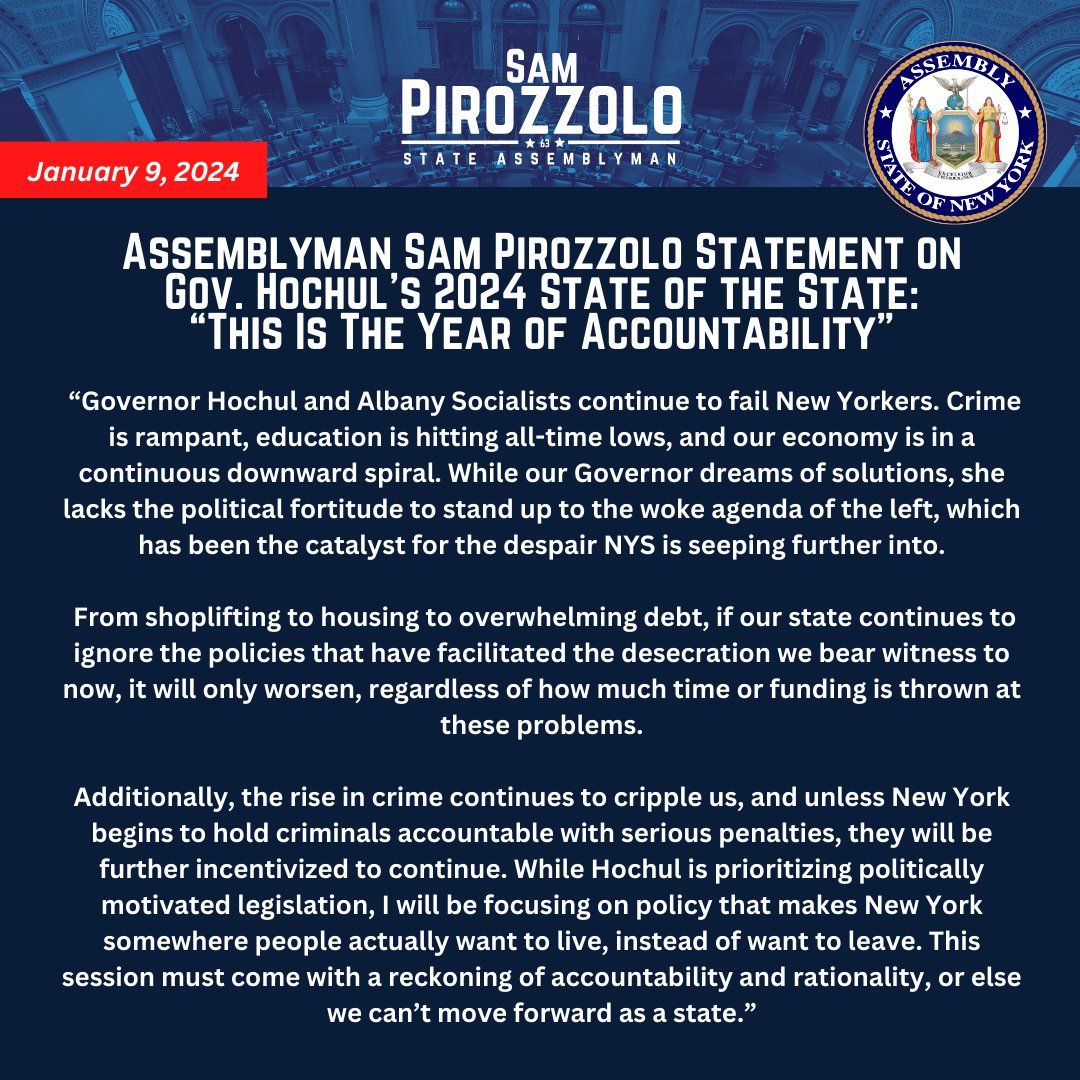 My full statement on Governor Kathy Hochul's State of the State Address - "This Is The Year of Accountability":

“Gov. Hochul and Albany Socialists continue to fail New Yorkers. Crime is rampant, education is hitting all-time lows and our economy is in a continuous downward