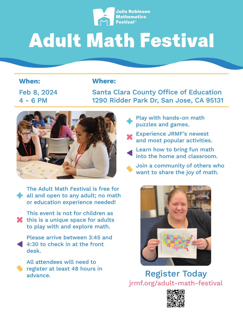 We're doing it again! Join us on Feb 8 in San Jose for our second adult math festival! To register or for more info, check here: buff.ly/3vuy3J6 @SCCOE #mathfestival