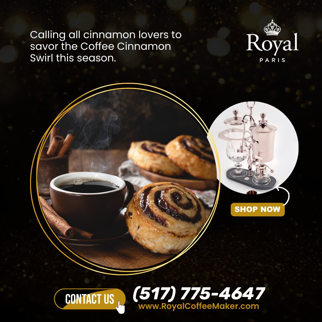 We are calling all cinnamon lovers! Royal Paris presents the Coffee Cinnamon Swirl, a fiery after-dinner creamy, smooth, and spicy drink. Brewing is a cinch. Call (517) 775-4647. #CinnamonSwirl #HolidayTreat