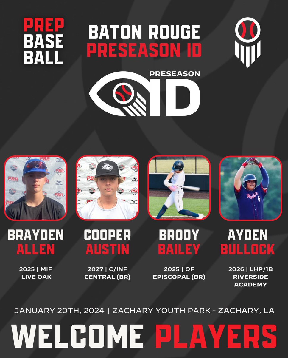 Prep Baseball Louisiana (@prepbaseballla) on Twitter photo ๐ ๐๐๐ญ๐จ๐ง ๐๐จ๐ฎ๐ ๐ ๐๐ซ๐๐ฌ๐๐๐ฌ๐จ๐ง ๐๐
Weโd like to welcome the following players to our Baton Rouge Preseason ID, on 01/20/24, at the Zachary Youth Park. #BeSeen
<a href="/prepbaseball/">Prep Baseball</a> || <a href="/AlexArmandPBR/">Alex Armand</a>
Event Link ๐ loom.ly/P617eNU ๐ ๐๐๐ญ๐จ๐ง ๐๐จ๐ฎ๐ ๐ ๐๐ซ๐๐ฌ๐๐๐ฌ๐จ๐ง ๐๐
Weโd like to welcome the following players to our Baton Rouge Preseason ID, on 01/20/24, at the Zachary Youth Park. #BeSeen
<a href="/prepbaseball/">Prep Baseball</a> || <a href="/AlexArmandPBR/">Alex Armand</a>
Event Link ๐ loom.ly/P617eNU
