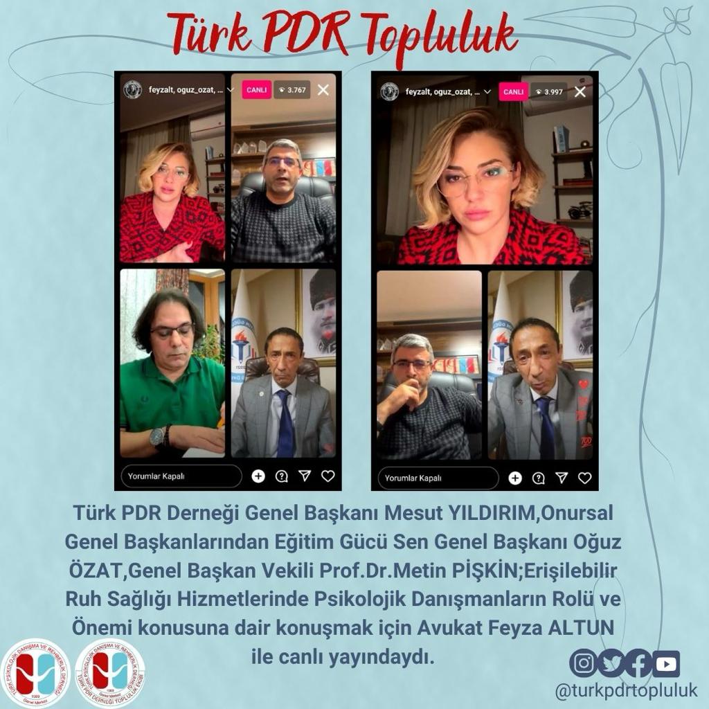 Avukat <a href="/feyzaltun/">Feyza Altun</a> moderatörlüğünde   "Erişilebilir Ruh Sağlığı Hizmetlerinde Psikolojik Danışmanların Rolü ve Önemi" konusu hakkında ve "Ruh Sağlığı Yasası" hakkında canlı yayın gerçekleştirildi. 

Sn. Altun'a ve katılımcılarımıza teşekkürlerimizi sunuyoruz.

<a href="/PFurkanden/">Psk.Dn.Furkan DENİZ</a>