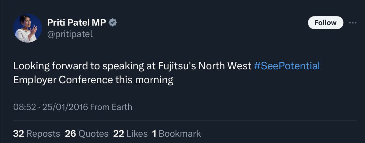 nazirafzal's tweet image. The insane number of politicians claiming to have fought for innocent postmasters before Toby Jones played 1 in a drama is best illustrated by Priti Patel saying Fujitsu should be held to account when her timeline shows “by account” means getting paid to speak at their conference