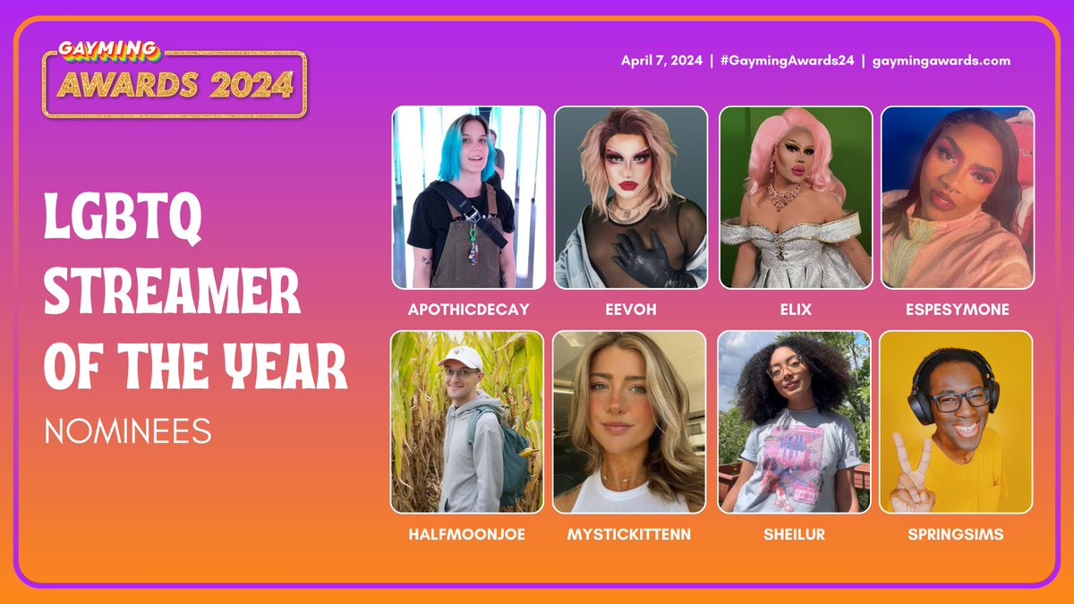 gaymingmag's tweet photo. You nominated them, and now, you get vote for them!

You can vote for your fave LGBTQ Streamer of the Year Award NOW! #GaymingAwards24

Vote here: https://t.co/kGfxu8Vekm https://t.co/OEpZJCt5hz