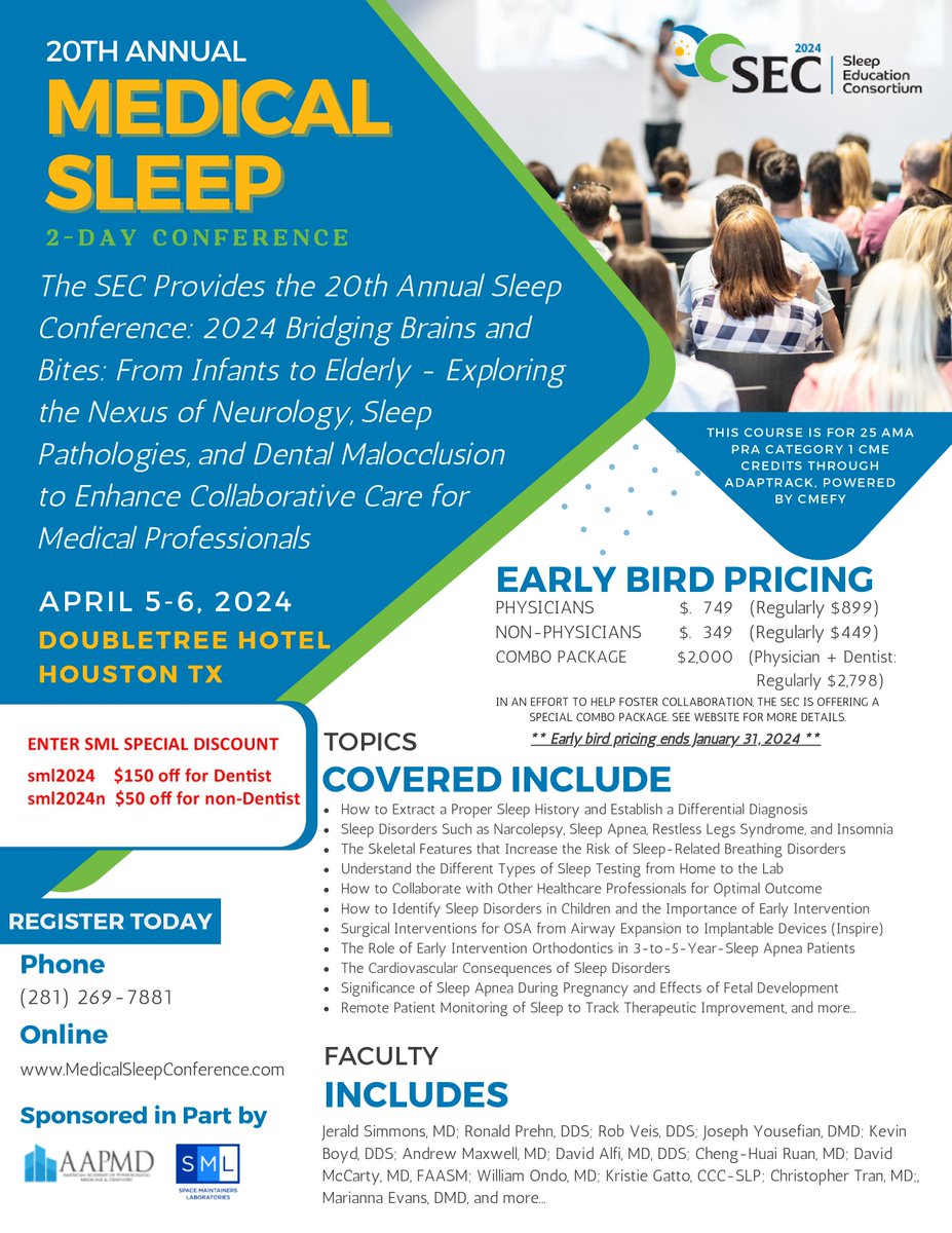 SMLGlobal's tweet photo. 20th Annual Medical Sleep 2-day conference.
The SEC Provides the 20th Annual Sleep Conference: 2024 Bridging Brains and Bites- Exploring the Nexus of Neurology, Sleep Pathologies, and Dental Malocclusion  *#sleepconference #smlglobal 
https://t.co/OAAF8mePEs https://t.co/rXhJuFDKYB