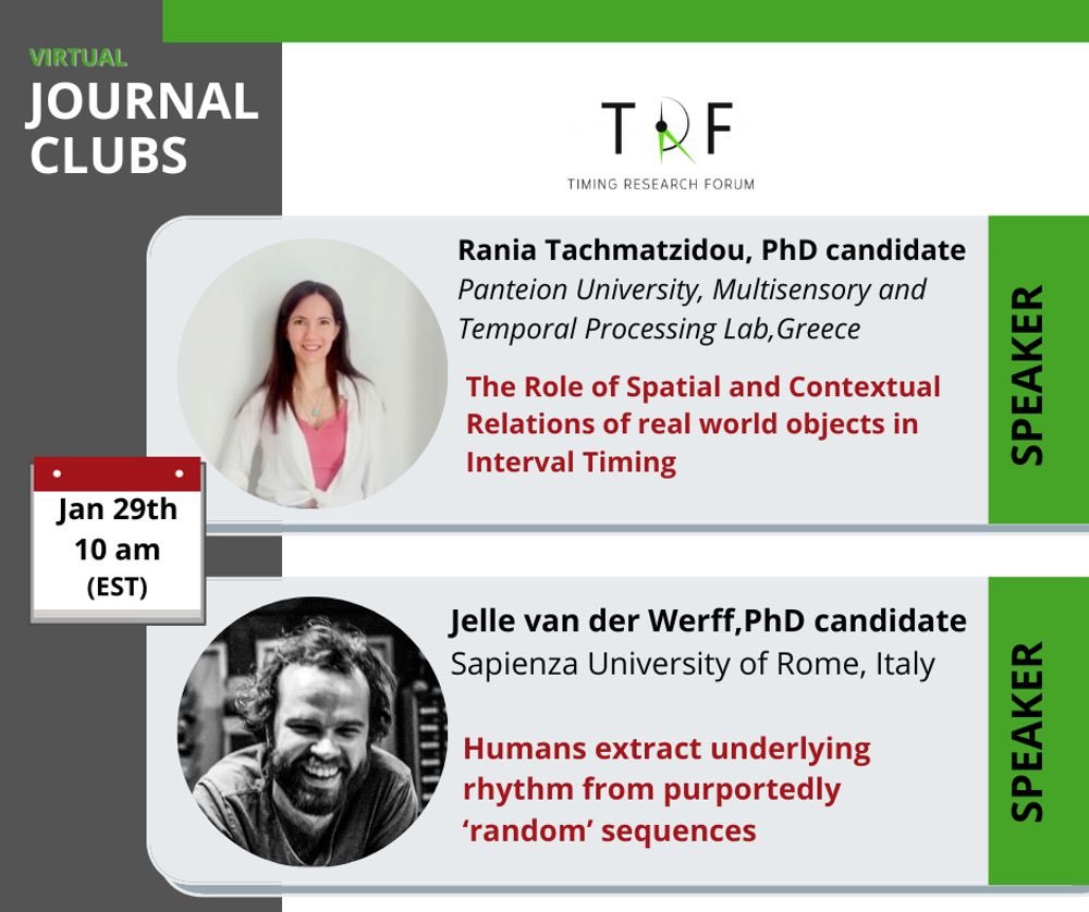 TimingForum's tweet image. Our #vJC is back! Join us on Jan. 29th @ 10:00 a.m. EST to know more about the interweaving between interval timing and rhythm with the real world's complexity, respectively with Rania Tachmatzidou and Jelle van der Werff. 
⏰🌎🥁 

Register here ⬇️
mailchi.mp/cee3115c9f13/3…