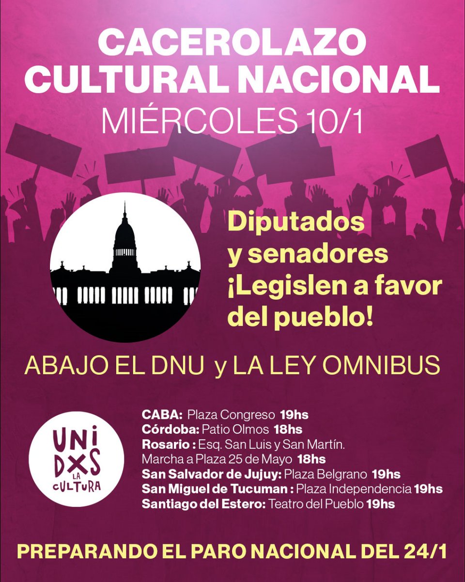 AReCIA_'s tweet photo. 📢Arecia manifiesta su adhesión y participación en el #CacerolazoCultural que se desarrollará en diversos puntos del país este miércoles 10 de enero. ❗Declaramos nuestra preocupación y el estado de alerta ante los cambios que trajo el DNU 70/2023 y la llamada "ley ómnibus" ❗ https://t.co/fdHiyjOuPz