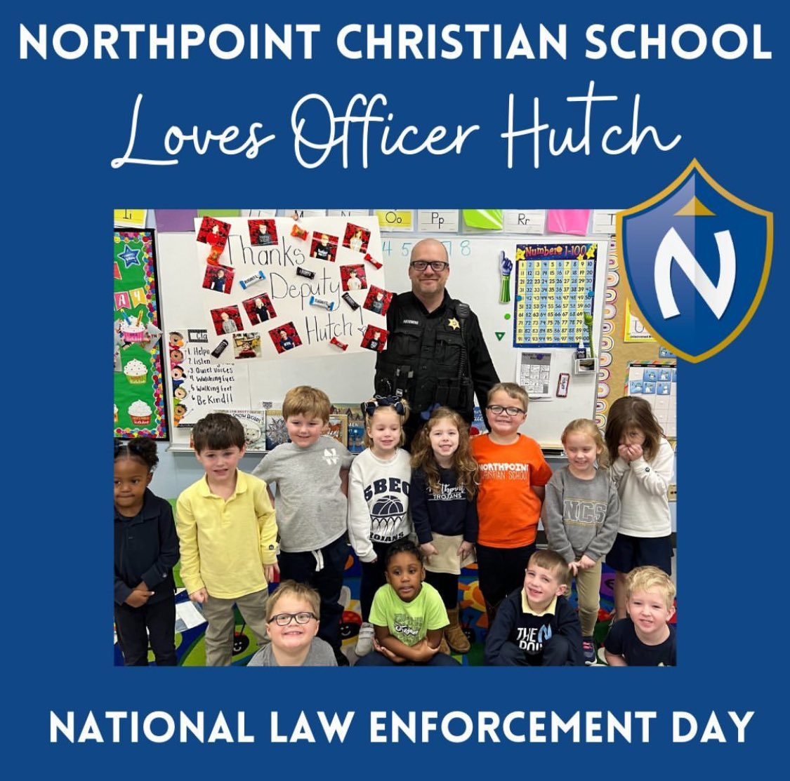 Today is #NationalLawEnforcementAppreciationDay!   Mrs. Ferguson's JK class presented our School Resource Officer, Officer "Hutch", with a special sign and some treats.  We appreciate all that Officer Hutchens does to keep us safe EVERY day.  Thank YOU!