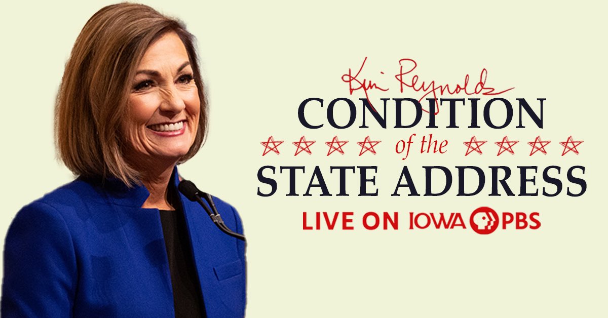 Taxes, Education, Limited Government, and the remarkable ability of Iowans. That’s what I will highlight in my Condition of the State Address - TONIGHT! 🗓️ Jan. 9, @ 6 pm CT 📺 @IowaPBS