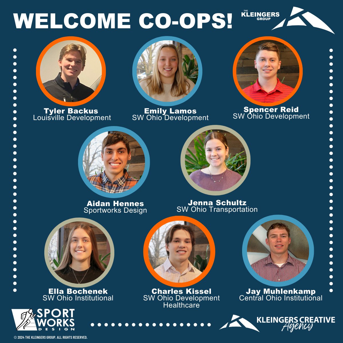 kleingers's tweet photo. Say hello to our incredible co-ops: Tyler, Emily, Spencer, Aidan, Jenna, Ella, Charles, and Jay. Together, we'll achieve great things! Welcome to The Kleingers Group team. #TheKleingersGroup #CoOps2024 #YourDestination #BlazingTrails https://t.co/6DFmi2eMEd