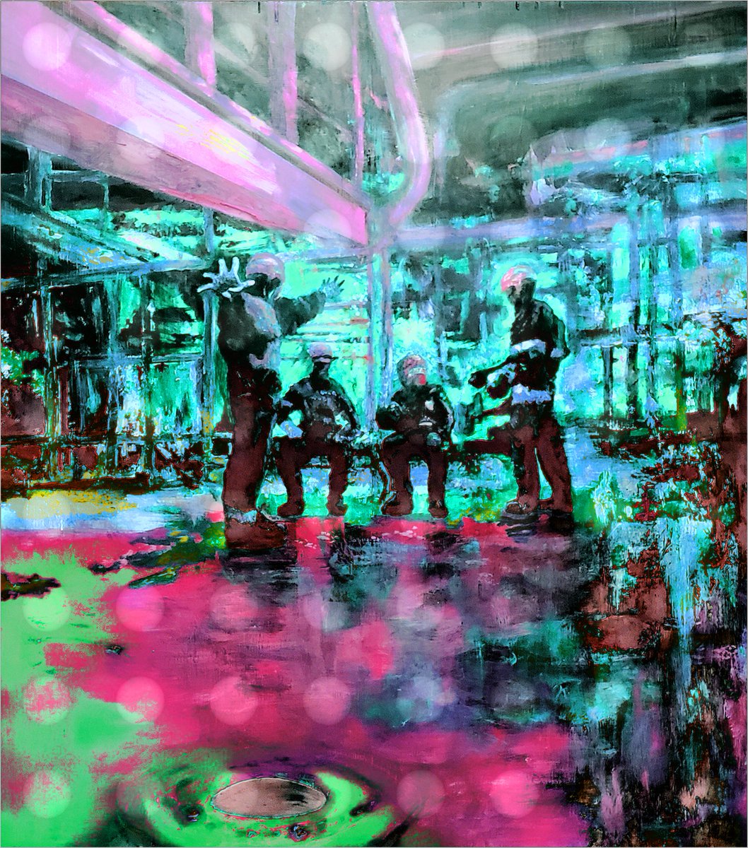PDcafargo's tweet photo. PART 2 - OIL RIG CREW IN POLYCHROMATIC-LIT BACKROOMS - VARIATIONS. Original painting on wood panel, scanned and modified with 3D filters and tools. 2024. cafargo,com #art #painting #digitalart #2d #Filterforge #longemergency #endofempire https://t.co/23d6Zp79fY