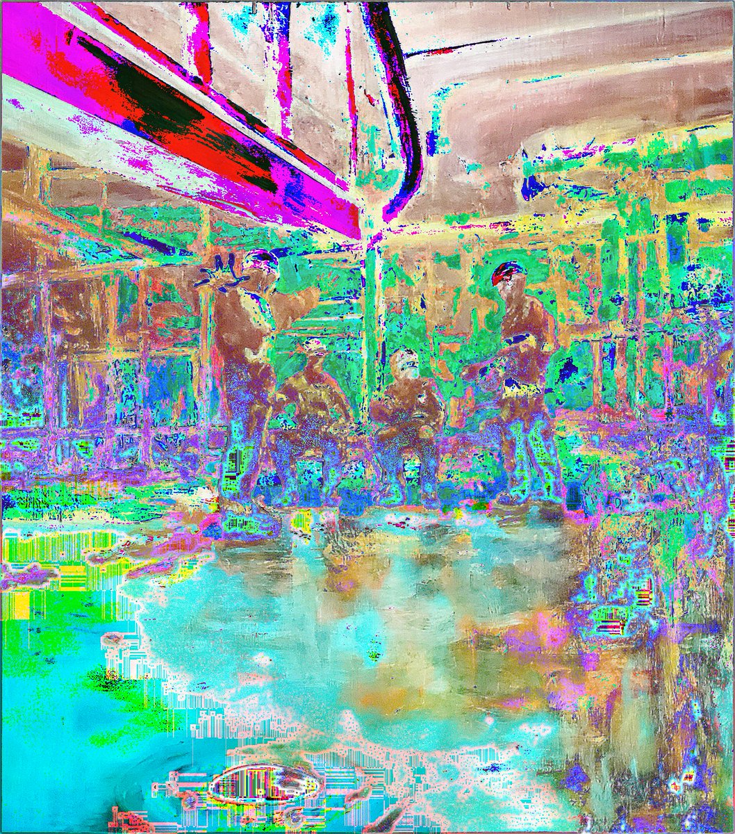 PDcafargo's tweet photo. PART 2 - OIL RIG CREW IN POLYCHROMATIC-LIT BACKROOMS - VARIATIONS. Original painting on wood panel, scanned and modified with 3D filters and tools. 2024. cafargo,com #art #painting #digitalart #2d #Filterforge #longemergency #endofempire https://t.co/23d6Zp79fY