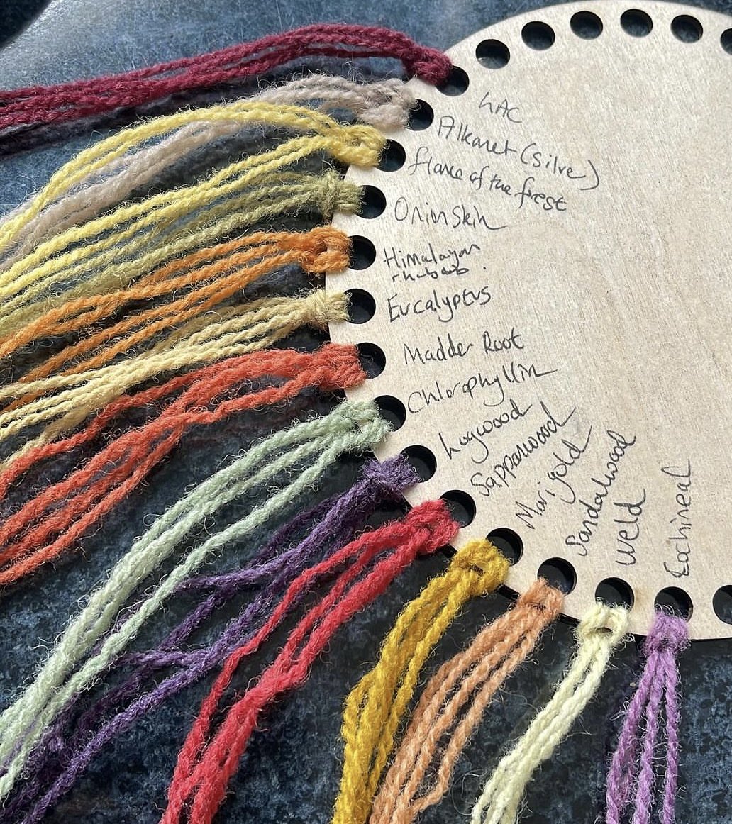 Natural dye wheel by Wonky Weaver, samples dyed on Welsh wool yarn.
wonkyweaver.com