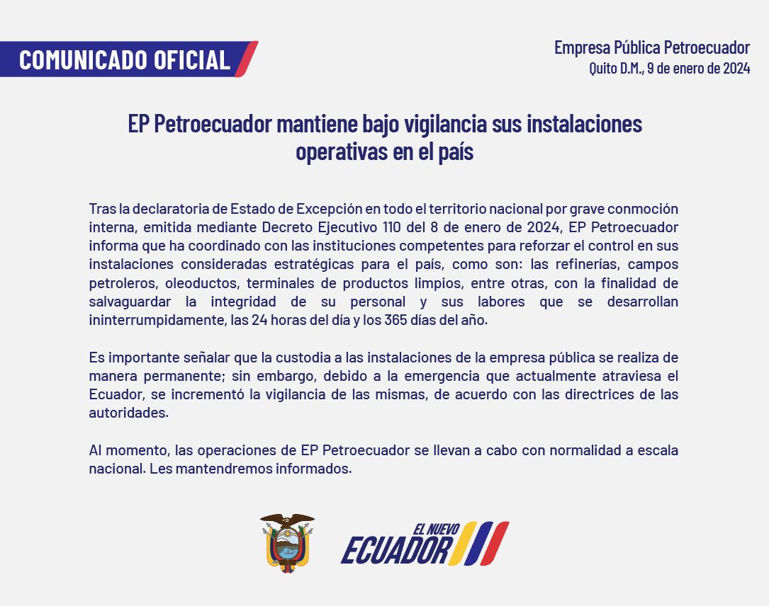 📍COMUNICADO OFICIAL 📄 | <a href="/EPPetroecuador/">EP Petroecuador 🇪🇨</a> mantiene bajo vigilancia sus instalaciones operativas en el país. 
Más información en ⬇️
