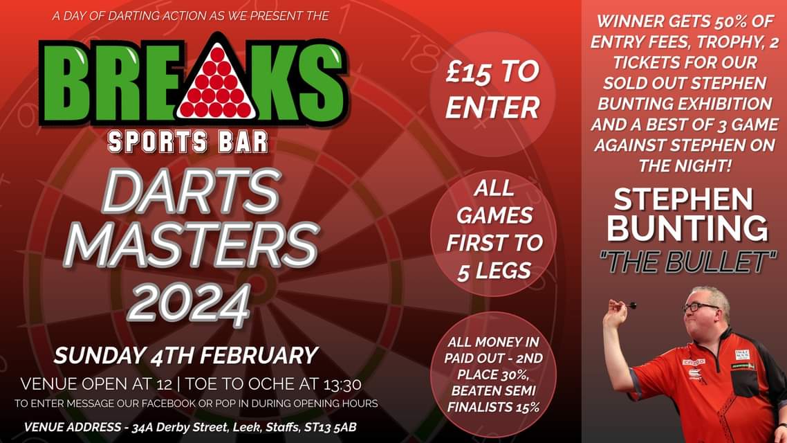 Darts competition in Leek, Staffs. Should get a good prize pot and some free exhibition tickets for our sold out night with "The Bullet" <a href="/sbunting180/">Stephen Bunting</a> #lovethedarts #darts