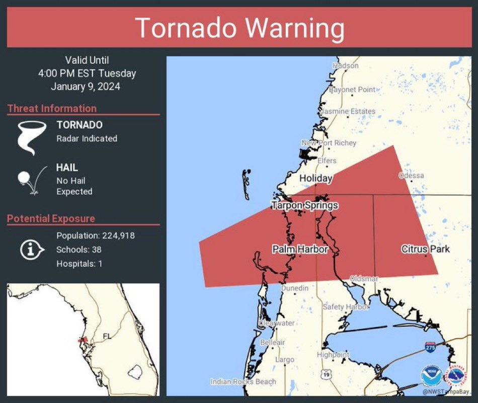 🚨#BREAKING🚨Tornado Warning has been issued for Palm Harbor FL, Citrus Park FL, and Tarpon Springs FL until 4:00 PM EST. #Florida #TornadoWarning #Tornado #PalmHarbor