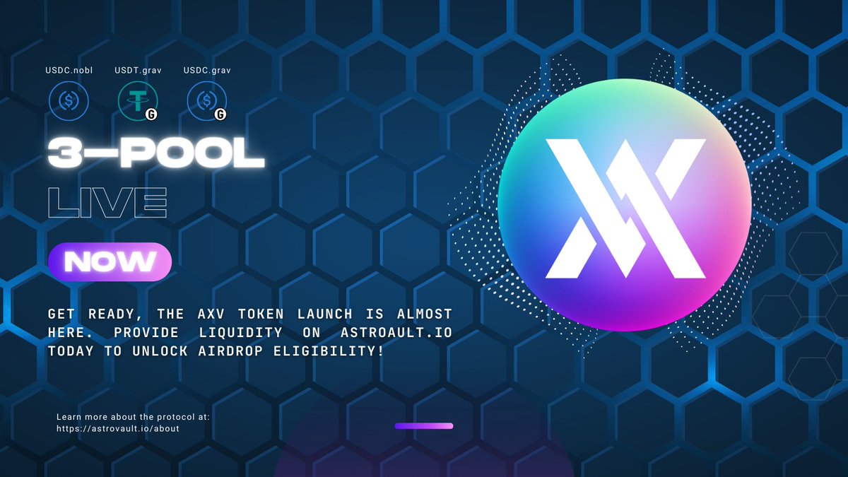 axvdex's tweet photo. Our very first #3pool, @gravity_bridge's $USDC.grav, $USDT.grav and @noble_xyz's $USDC.nobl has gone live! β‘οΈ
Users can now LP in this pool to earn the upcoming AXV #airdrop and #whitelist eligibility for the launch on our new launchpad, Outbid. πΈ
This is a good step towards improving routing and stablecoin liquidity on the #ARCH network and in the broader #CosmosEcosystem. Liquidity is light to start but will build. We will be launching a lot more pools in the weeks and months to come to create a REAL Curve alternative for the #Cosmos that's significantly more efficient than anything people are currently used to. βοΈ
Here's a breakdown, with a one pager, of the new Gamified #Launchpad coming to @archwayHQ π€
https://t.co/tUH4MWHzHU
We're going to be performing a live interactive demo tomorrow in our weekly community call on Discord, Wednesday, Jan. 10th, 2024 @ 5PM UTC (Noon EST) be sure to join in πΎ
https://t.co/gVCeKrGXNQ