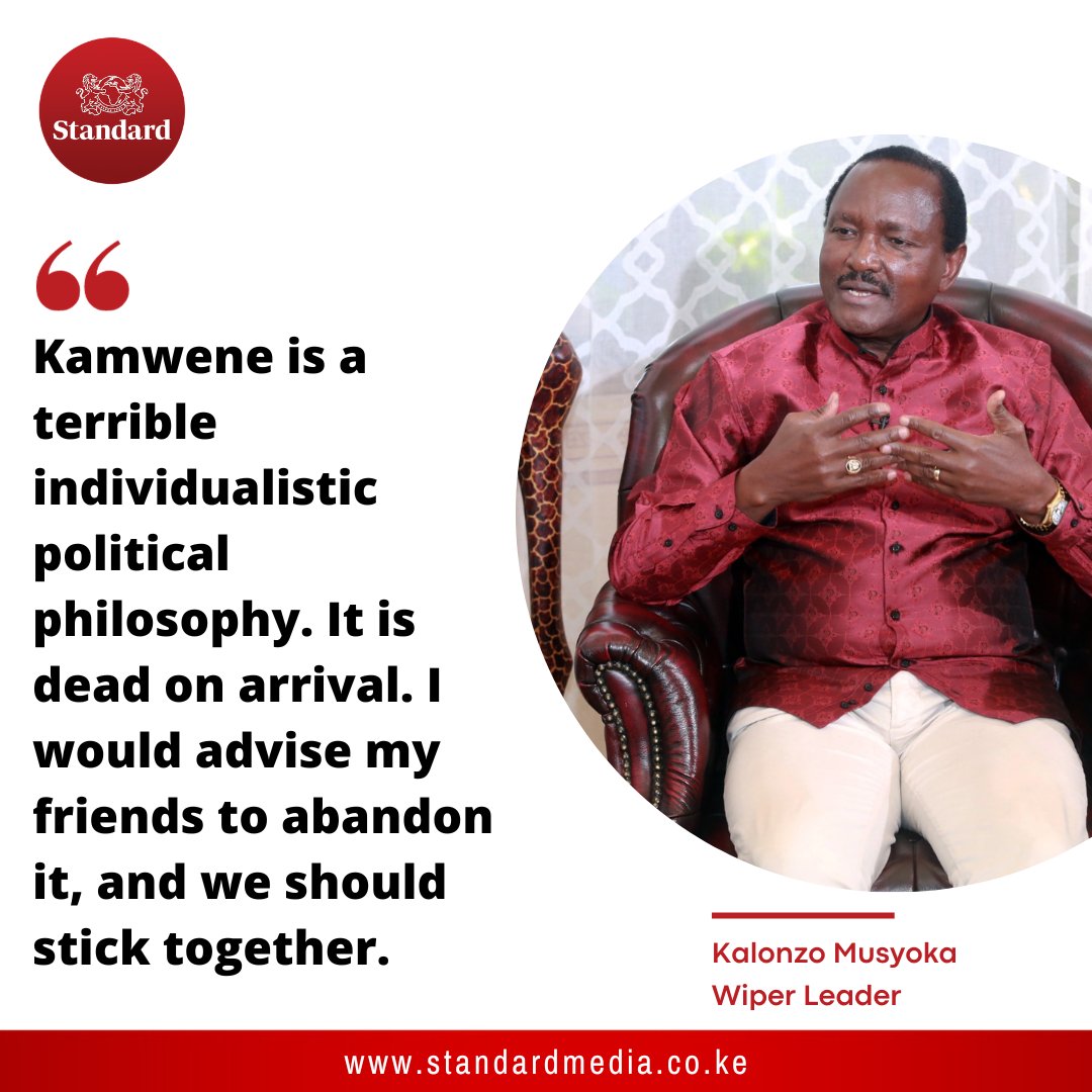 StandardKenya's tweet photo. Kalonzo Musyoka; Kamwene is a terrible individualistic political policy. It is dead on arrival. I would advise my friends to abandon it, and we should stick together.

#KalonzosResolution
@skmusyoka 
@dannykariuki https://t.co/sh0OCuRArx