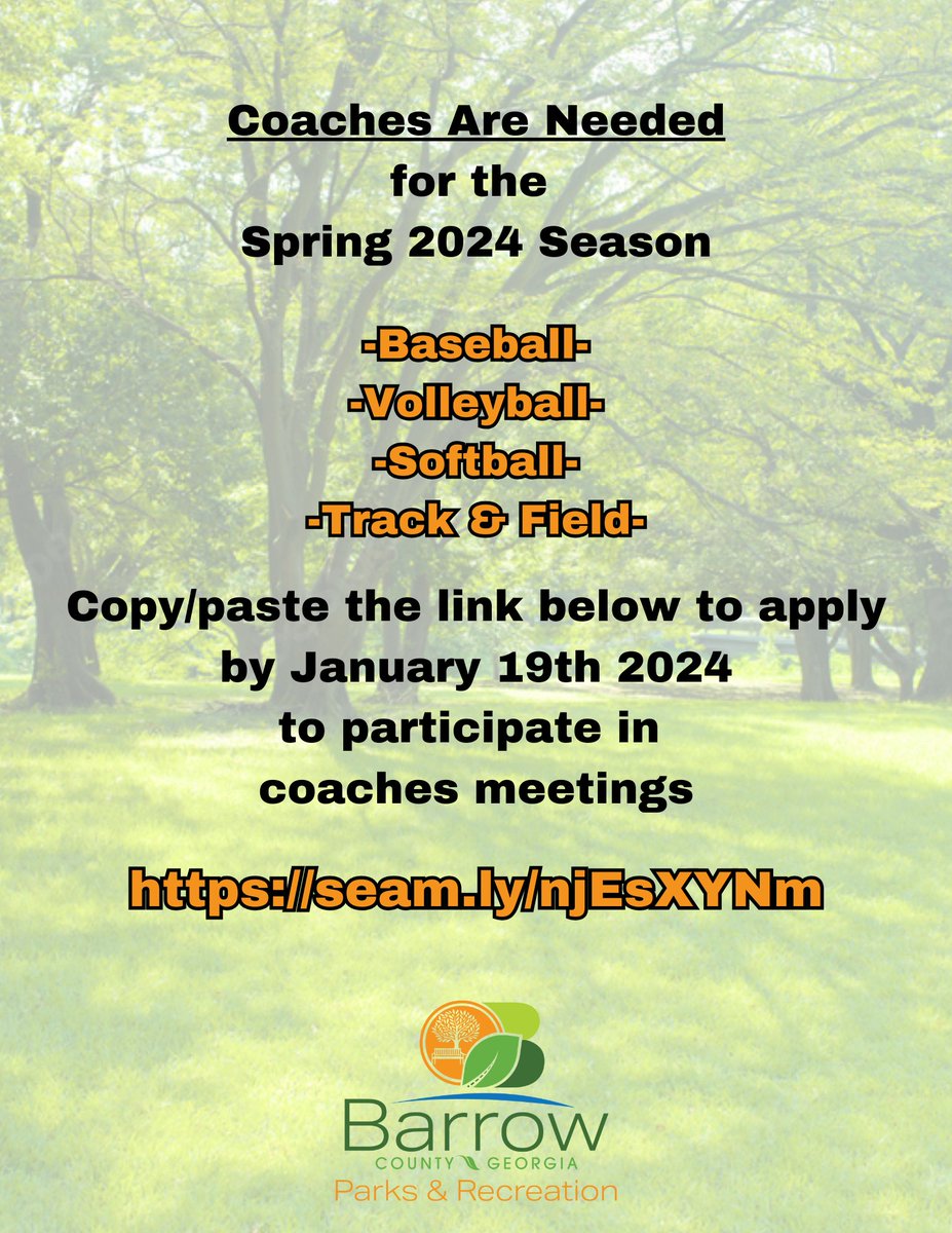 Please copy and paste seam.ly/njEsXYNm to your browser or click the link if you would like to coach with us for Spring 2024! Deadline is January 19th 2024.