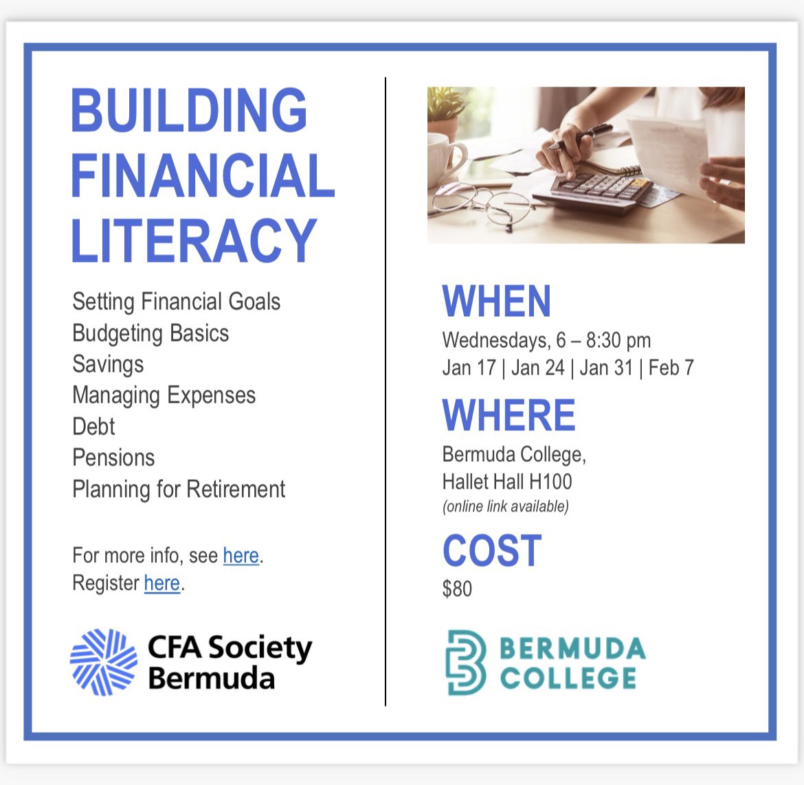 The New Year brings with it new learning opportunities. CFA Bermuda’s financial literacy class is back! Get equipped to manage your finances. For more info, see: college.bm/index.php/pace…

To register, click here: college.bm/images/documen…