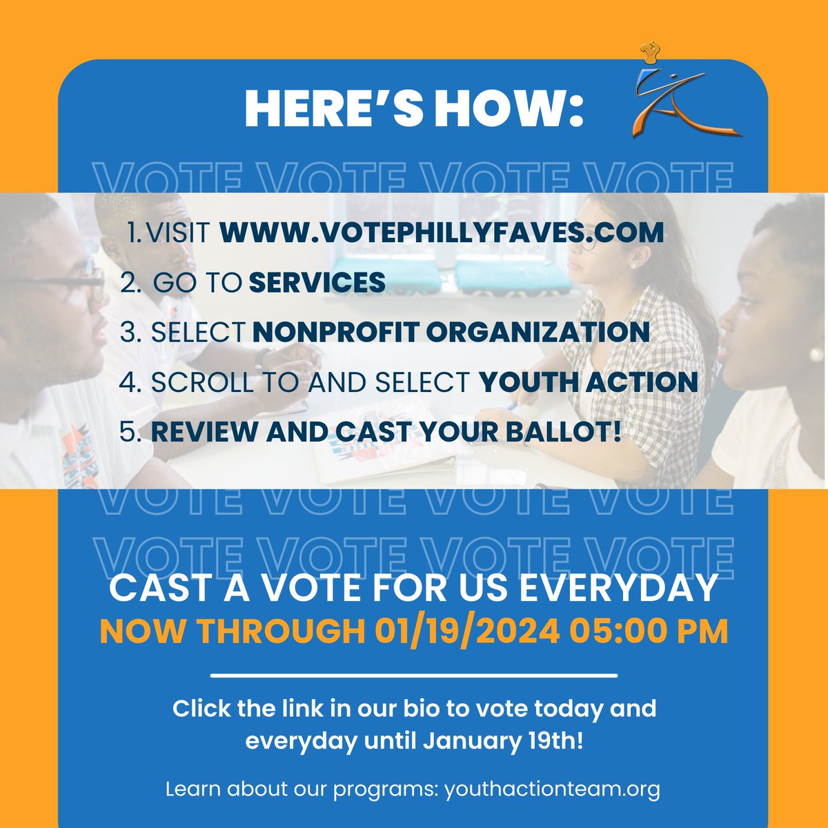 Exciting news! We've been nominated as one of Philly's Favorite #Nonprofits by <a href="/PhillyInquirer/">The Philadelphia Inquirer</a>. Help us win by casting your vote - it's easy! Go to votephillyfaves.com > Services > Nonprofit Org > Youth Action >  then Vote 🗳️ Thank you for your support! 🧡💙 #InspireLeadServe