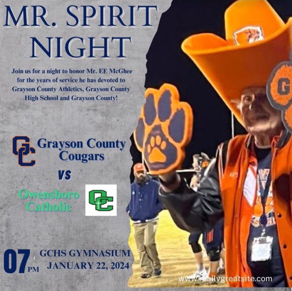 GCHS_AD's tweet photo. Join @gchs_cougars on Jan 22 for a special presentation to honor Mr. Spirit himself - EE McGhee! Approximate time 7 pm between the Boys JV &amp; Varsity games vs. Owensboro Catholic. Come out to support your Cougars and join in this tribute to the most spirited Cougar of all time! https://t.co/7a6tvMYFAd
