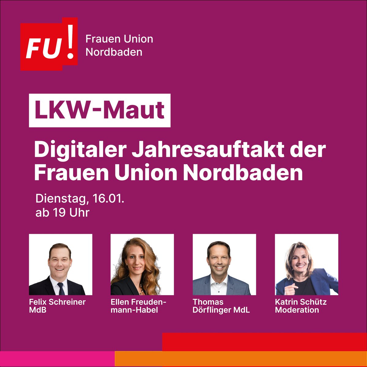 Katrin.Schuetz (@schuetzkatrin) on Twitter photo Digitaler Jahresauftakt der Frauen Union Nordbaden. Das Thema der Veranstaltung lautet “LKW-Maut - Belastung für unsere Mittelständische Wirtschaft?” am Dienstag, 16. Januar 2024 um 19:00 Uhr. Anmeldung unter: fu-nordbaden@web.de@web.de Digitaler Jahresauftakt der Frauen Union Nordbaden. Das Thema der Veranstaltung lautet “LKW-Maut - Belastung für unsere Mittelständische Wirtschaft?” am Dienstag, 16. Januar 2024 um 19:00 Uhr. Anmeldung unter: fu-nordbaden@web.de@web.de