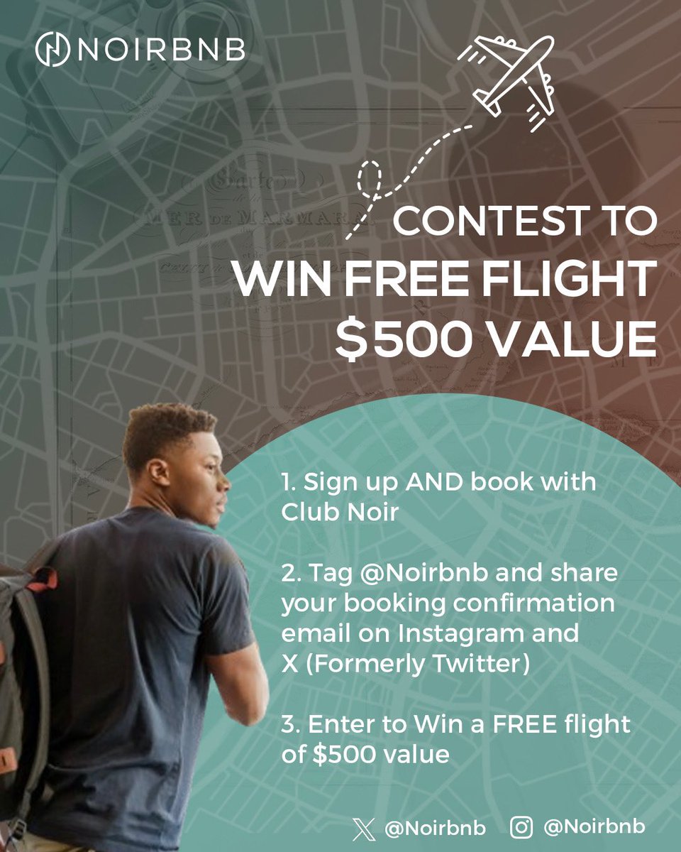 🛫 FLIGHT GIVEAWAY 🛬

We’re giving away a flight worth $500! 🎁

To enter: 👇🏾
1. Retweet this ♻️

2. Follow us on X/Twitter ✅

3. Join #ClubNoir &amp; complete a booking 🏫

4. Screenshot your booking confirmation &amp; tag us on X 📸

Must be 18+

Noirbnb.com